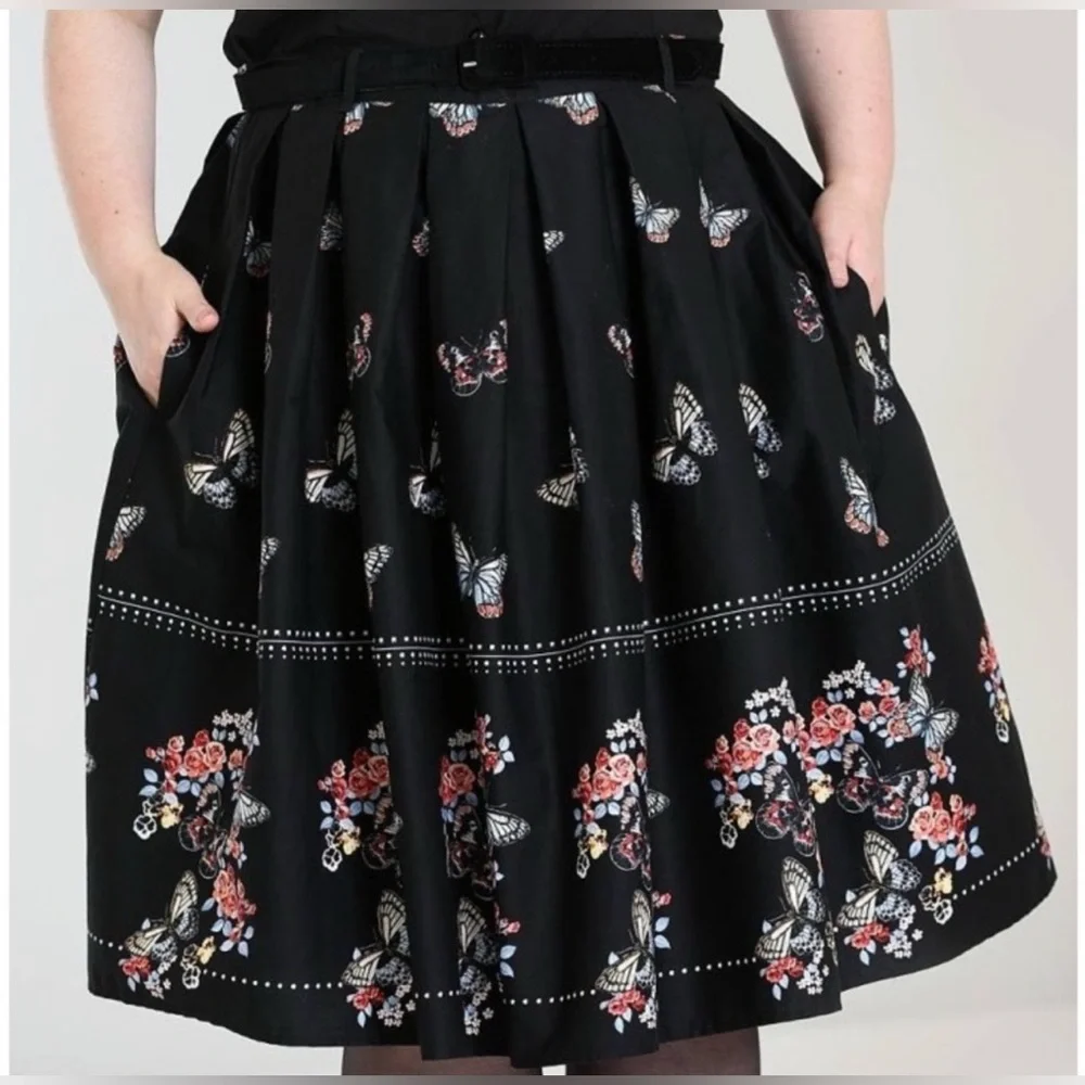 Hell Bunny Retro Butterfly Floral Pleated Midi Skirt Black Cotton Vintage Pinup